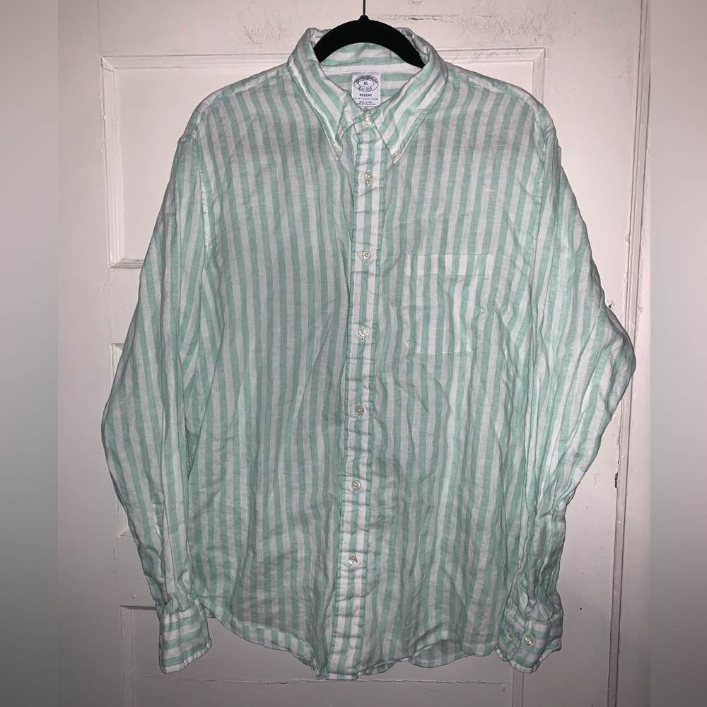 Brooks brothers REGENT‎ green and white button up linen shirt size XL